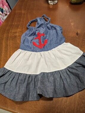 Cute Dog  Outfit In Navy & White Anchor Halter Dress with Red Embroidery